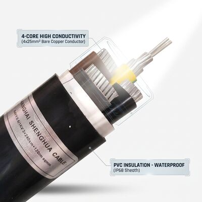 IP68 waterdicht PVC geïsoleerde stroomkabel 0.6/1kV 4x25mm2 ondergrondse directe begraving leverancier